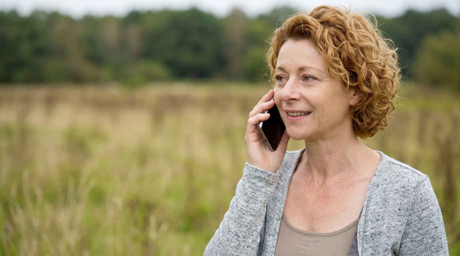 Vrouw belt buiten in het veld over haar pensioenvoorbereiding